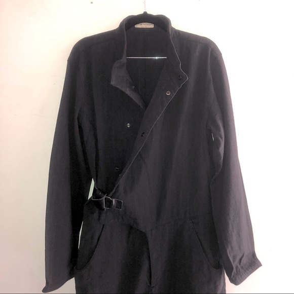 [EMPORIO ARMANI] Wool Oversized Charcoal Brown Pin-strip Leather belt Jumpsuit